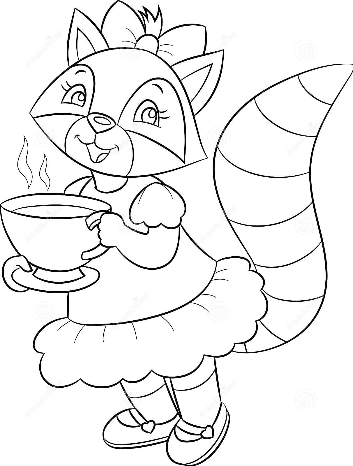 Cute Little Girl Raccoon Coloring Page