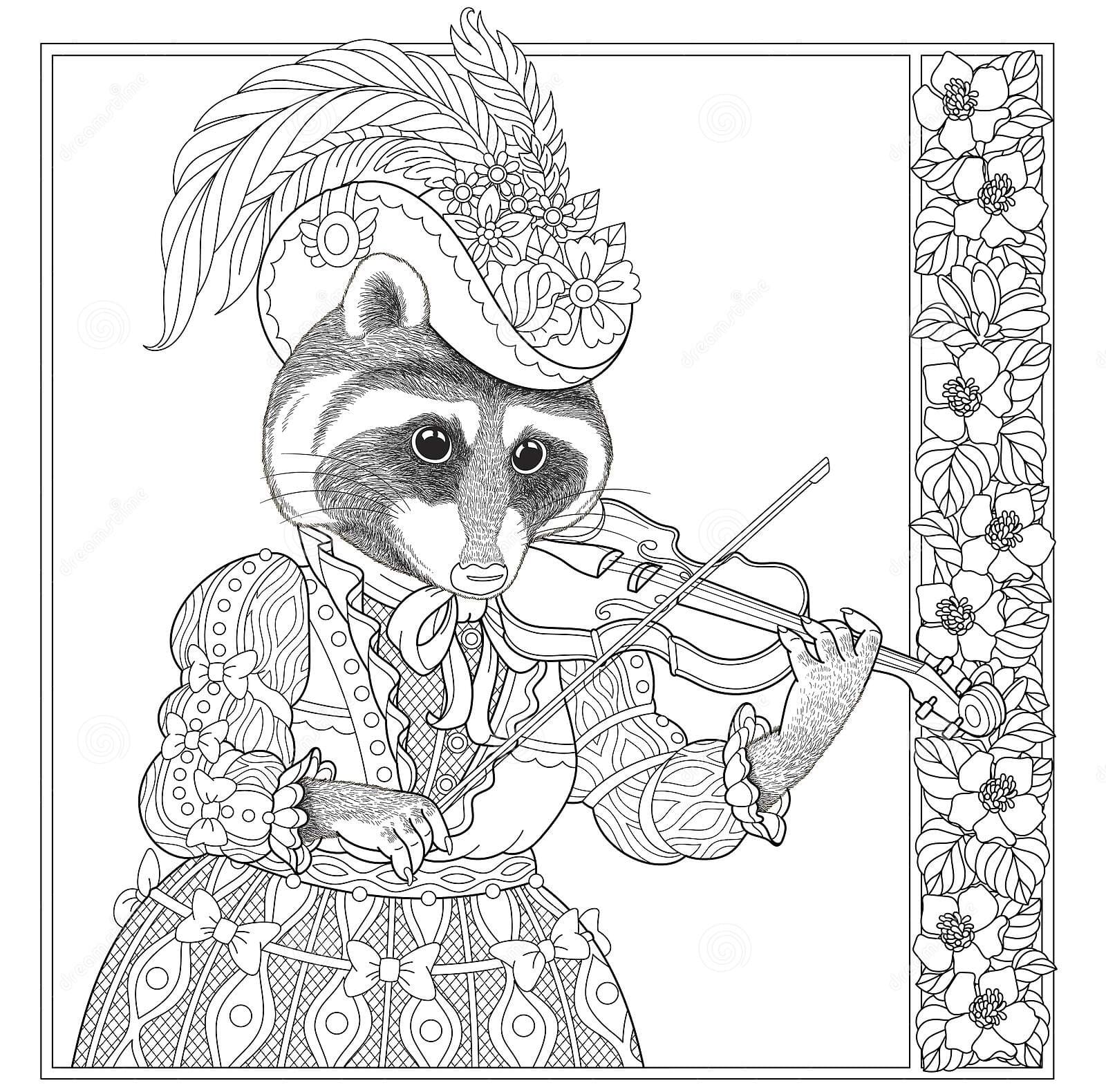 Cute Raccoon And Violon Coloring Page