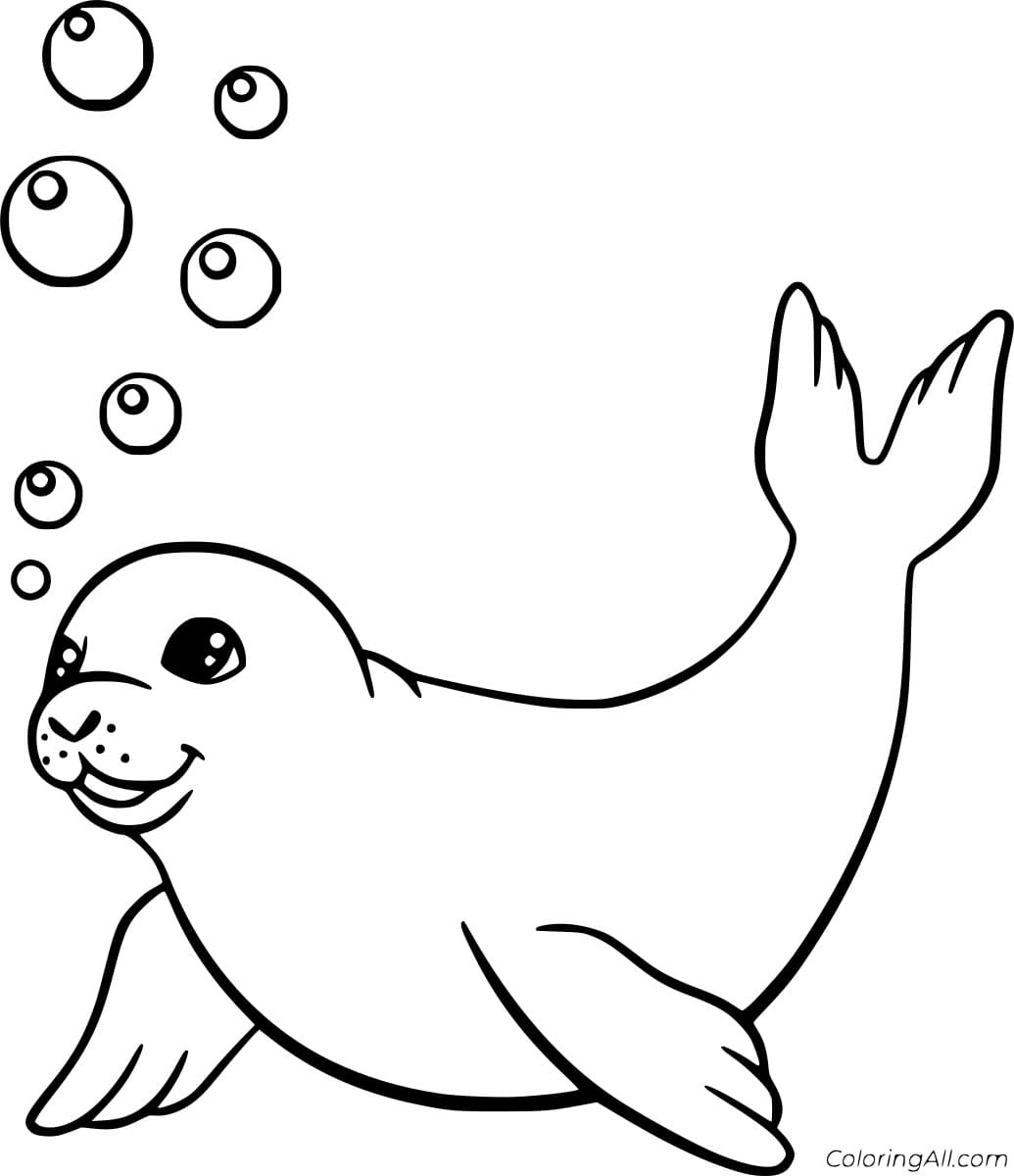 Cute Seal and Bubbles Coloring Page