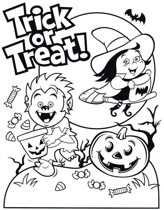 Cute Werewolf And Witch Playing Trick Or Treats Coloring Page