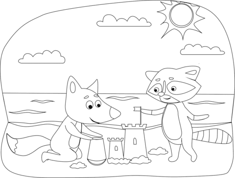 Fox And Raccoon On The Beach Coloring Page