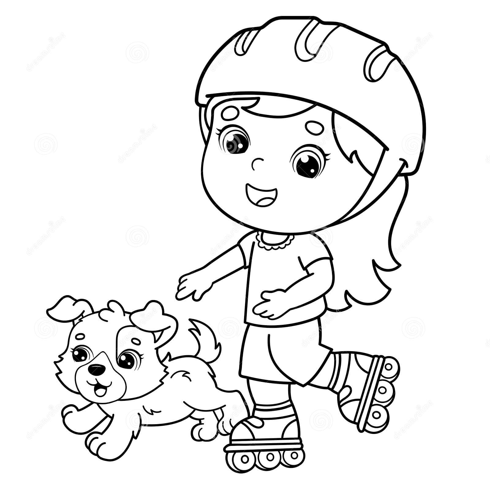 Girl On The Roller Skates With A Dog