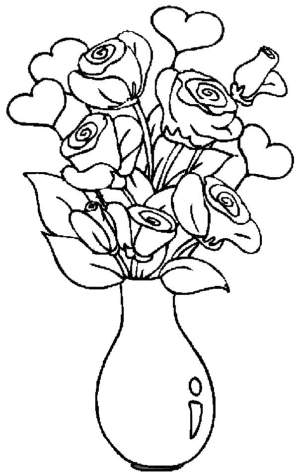 Hearts And Roses In The Vase Image Coloring Page