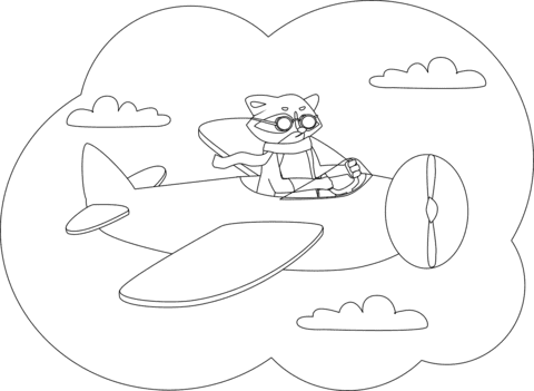 Image Racoon Flying On The Plane Coloring Page