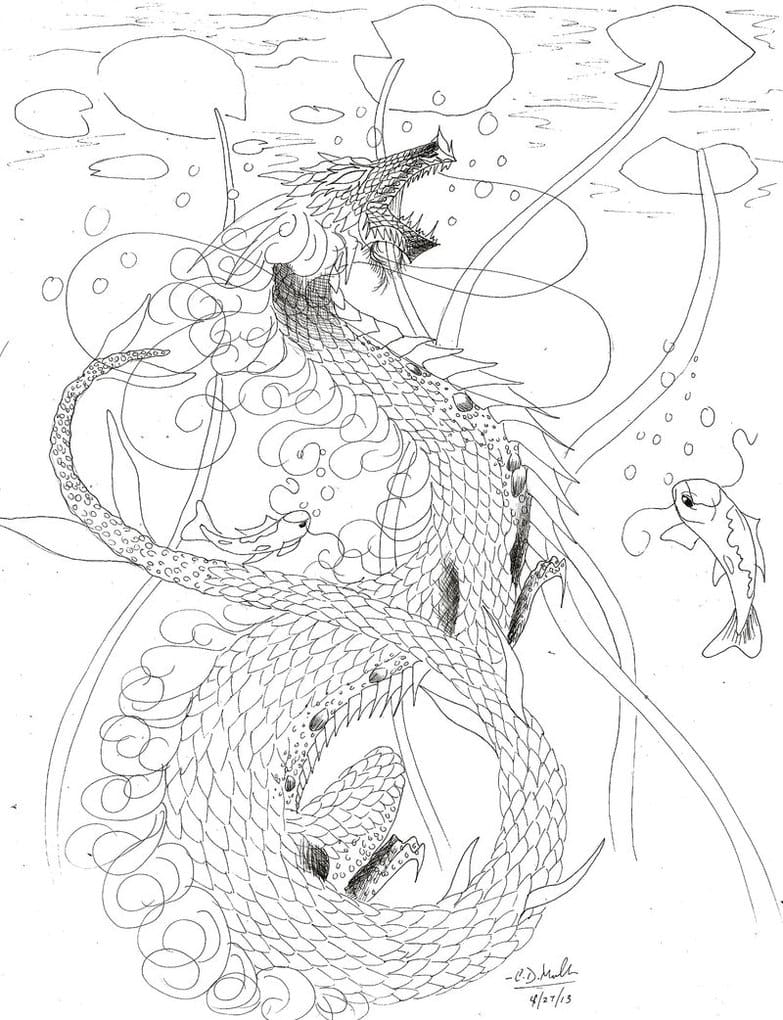 Koi Fish and Dragon Lineart Coloring Page