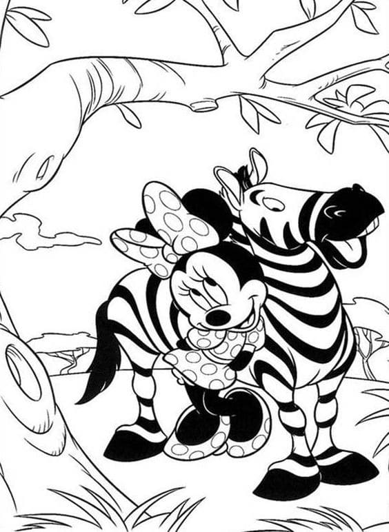 Minnie Mouse Safari Meet Beautiful Zebra Free Coloring Page
