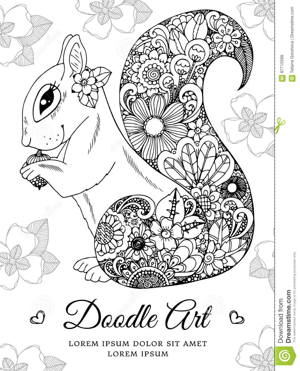 Vector Illustration Zentangl, Squirrel With Flowers