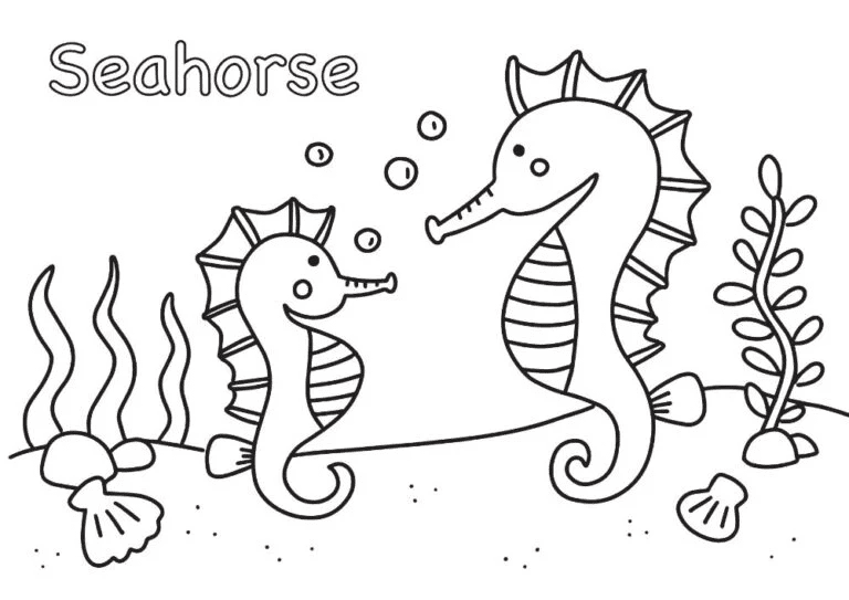 A Cartoon Picture Of A Mama Seahorse And A Baby Seahorse Coloring Page