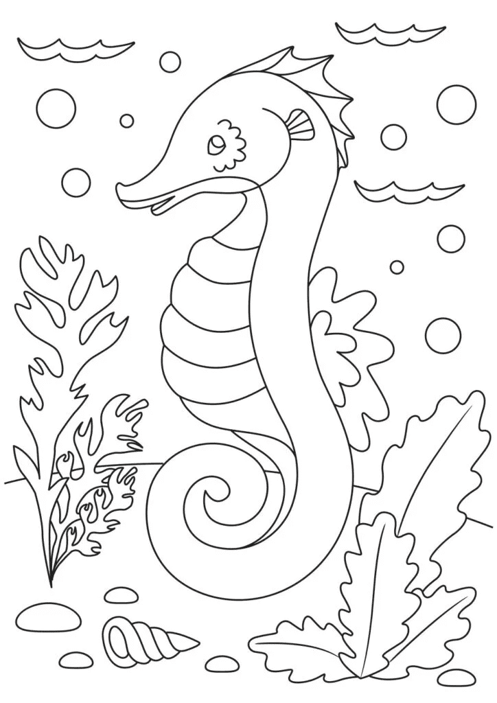 A Cartoon Picture Of A Seahorse Under The Sea With Sea Grass In The Background Coloring Page