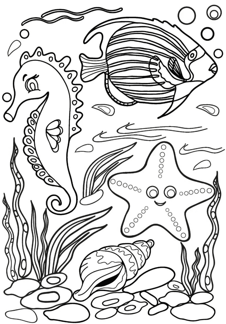 A Seahorse Swimming Together With A Fish And A Starfish Coloring Page