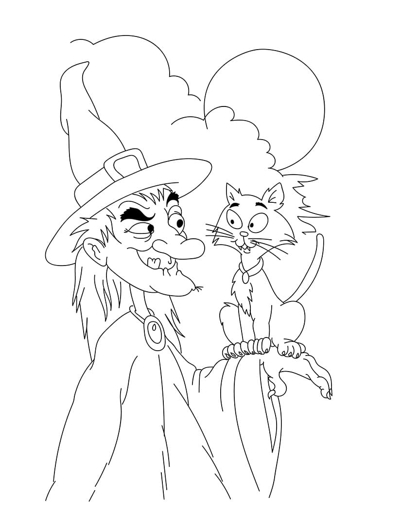 A Witch And Her Cat Coloring Page