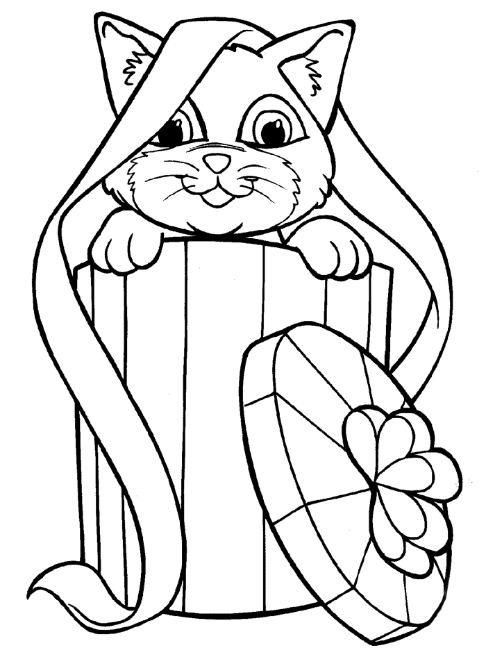 Adorable Cat Inside A Gift Box Coloring Page