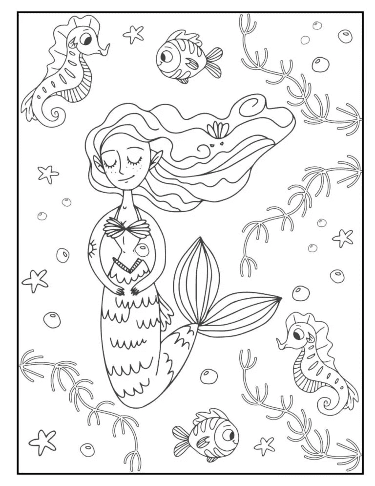 Adult Mermaid Swimming Next To Fishes And Seahorses