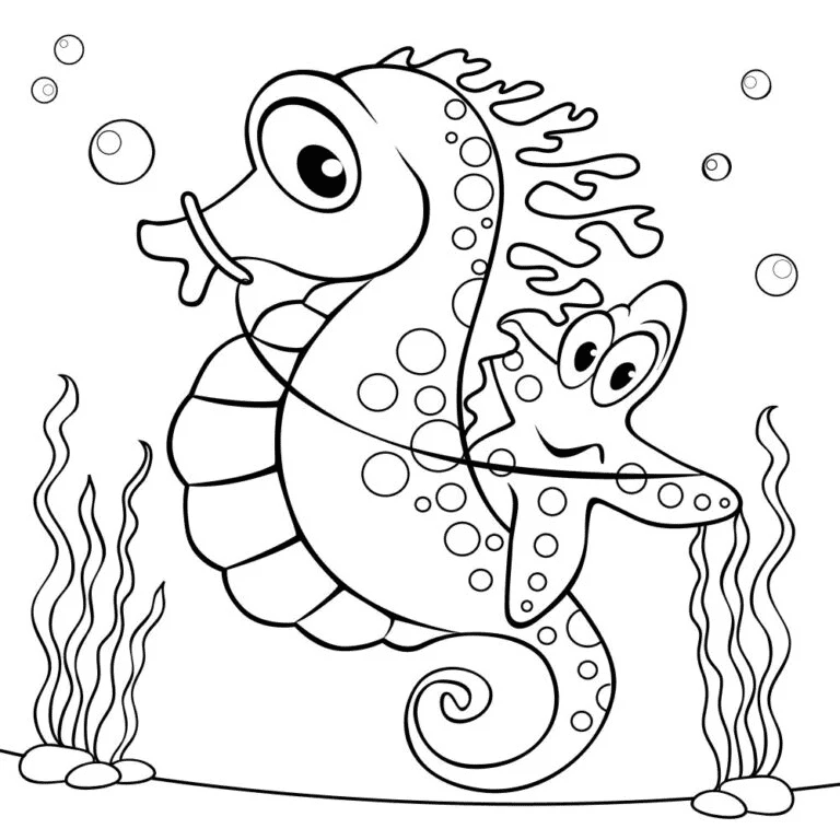 An Illustration Of A Starfish Riding A Chubby Seahorse Coloring Page
