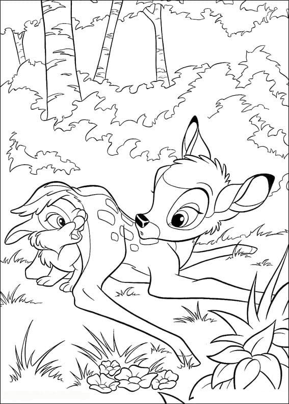 Bambi And Frog Sweet Coloring Page