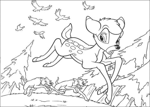 Bambi Is Running Away From The Wolf Coloring Page