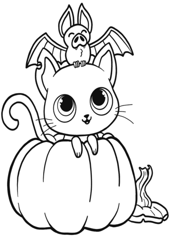 Bat, Cat And Pumpkin Coloring Page