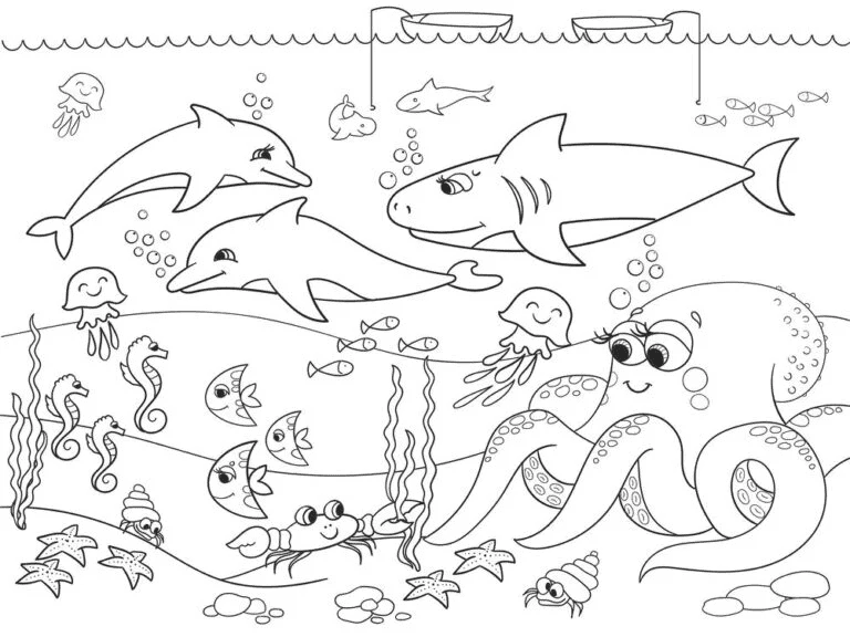 Big Octopus With Round Eyes Swimming With Different Sea Creatures Coloring Page