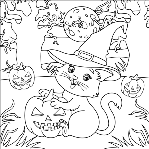 Black Cat Cute Coloring Page