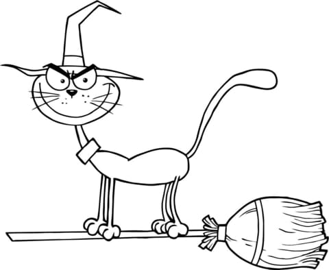 Black Cat Flying A Broom Coloring Page