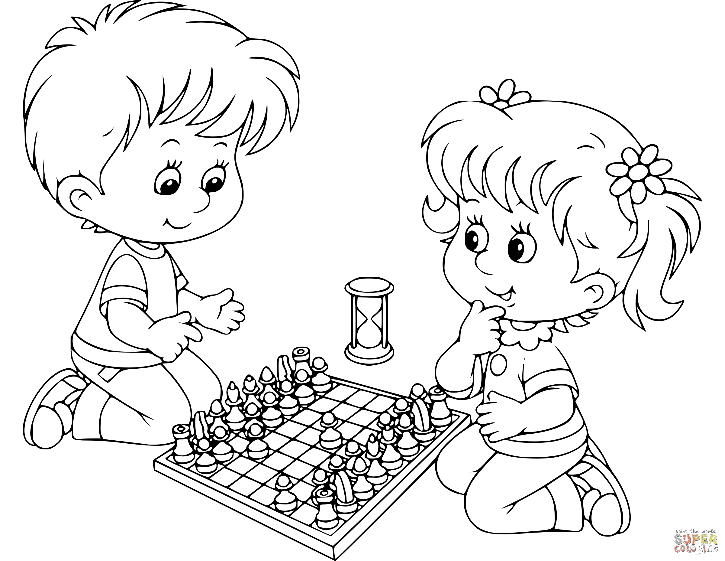 Boy And Girl Playing Chess For Kids Coloring Page