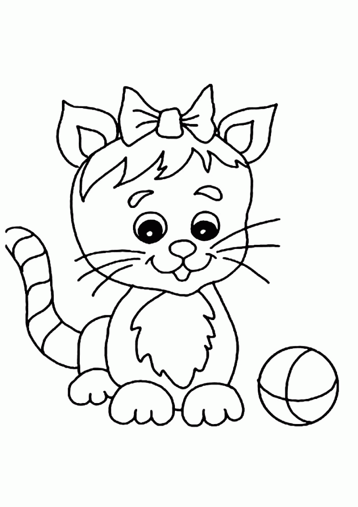 Cat And Ribbon Image For Kids Coloring Page