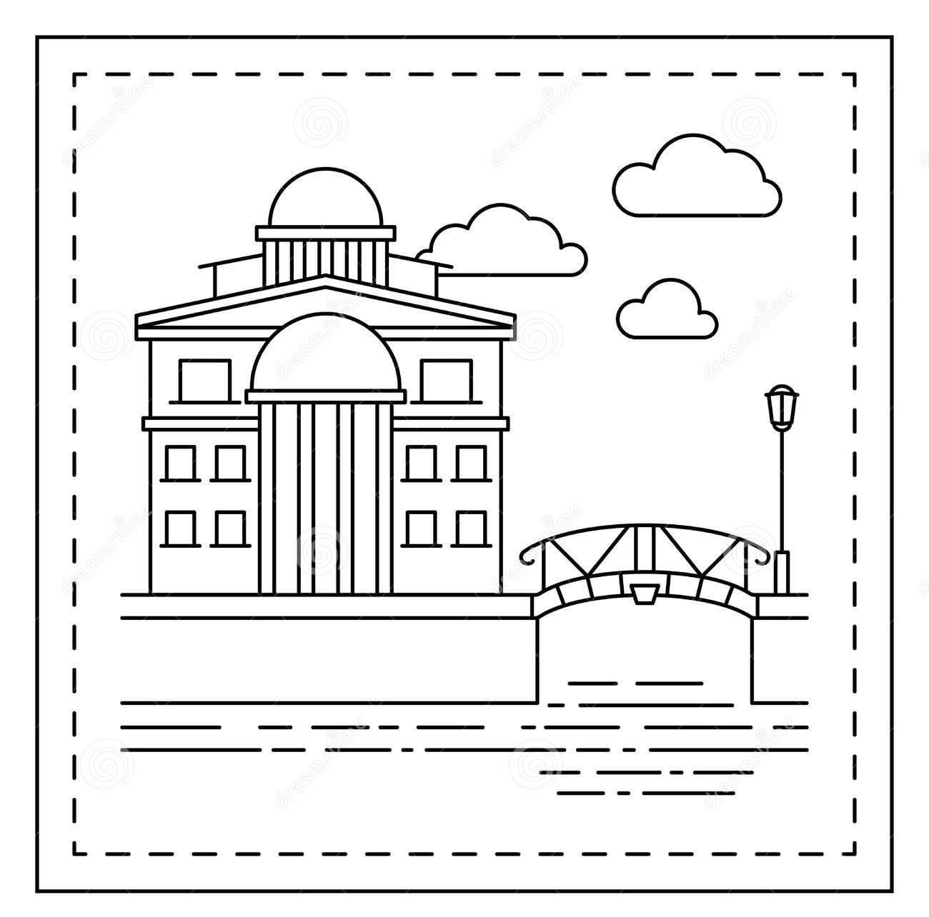 Coloring Page With House And Bridge