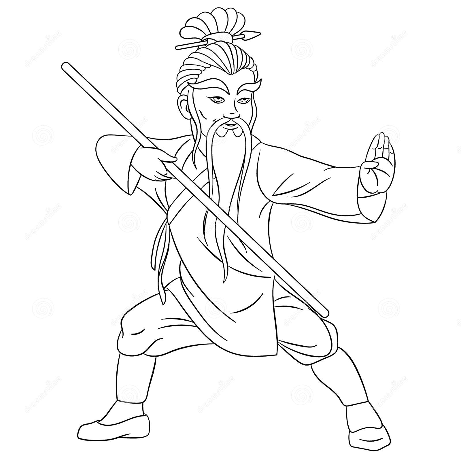 Coloring Page With Shaolin Monk Fighting