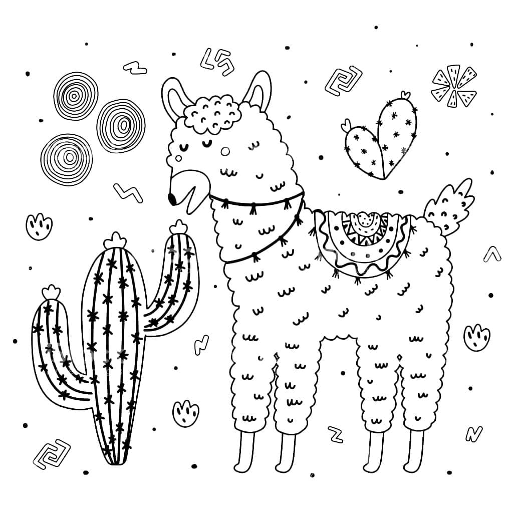 Curly Llama And Cactus Coloring Page