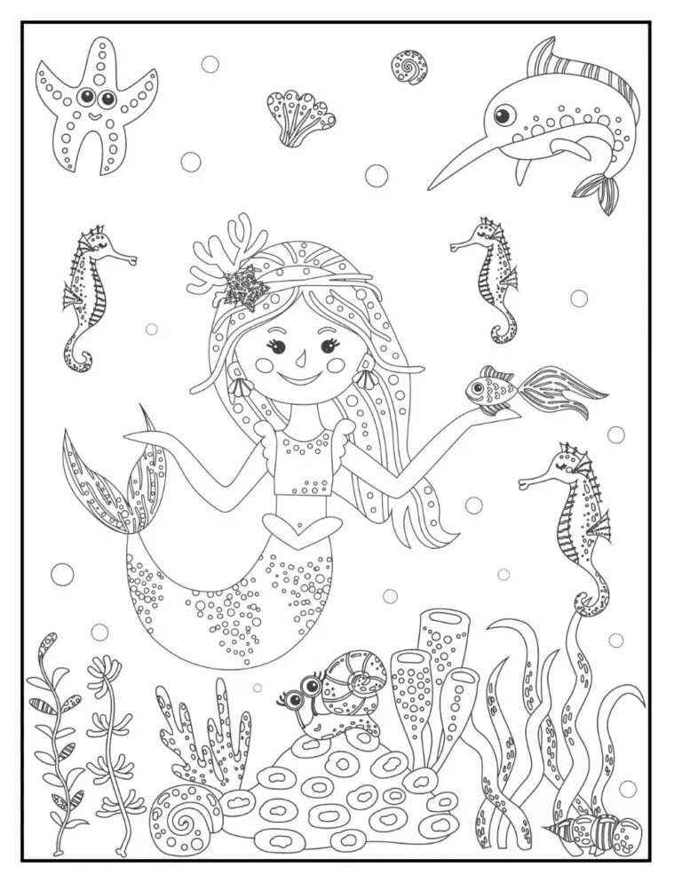 Cute Mermaid With Intricate Design Next To Seahorses