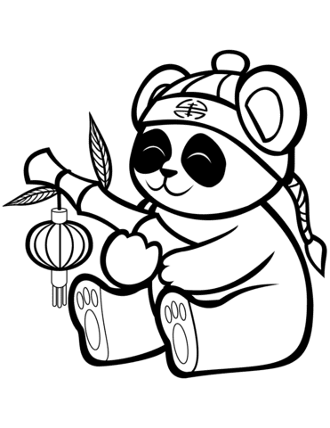 Cute Panda With A Bamboo Lantern Coloring Page