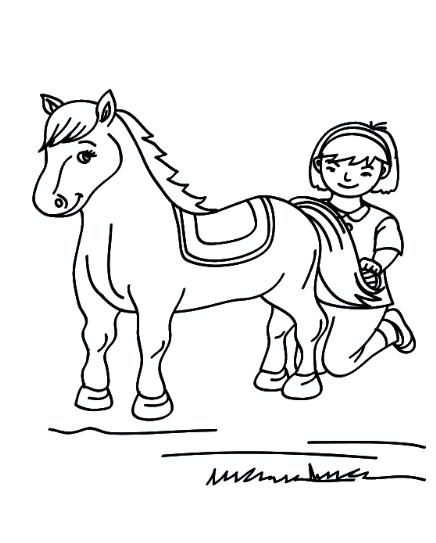 Girl Brushing Her Horse Coloring Page