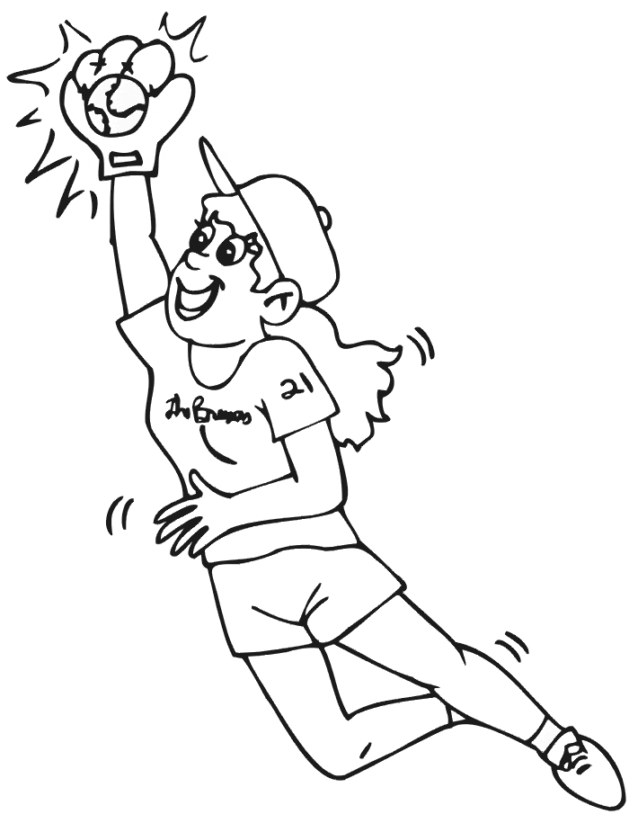 Girl Catching Softball For Kids Coloring Page