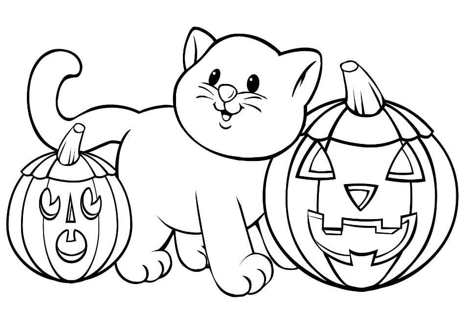 Halloween Cat And Pumpkins Resplendent Coloring Page