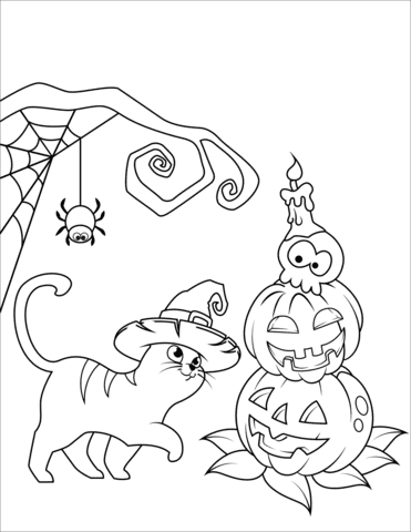 Halloween Cat And Jack O’Lantern Coloring Page