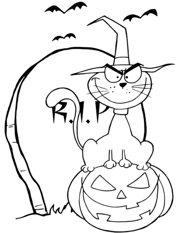Halloween Cat On Pumpkin near Tombstone Coloring Page