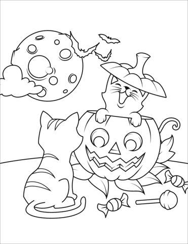 Halloween Cats and Jack O’Lantern Coloring Page