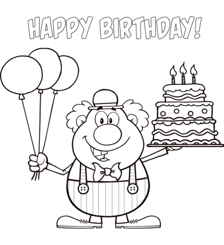 Happy Birthday Clown With Balloons And Cake