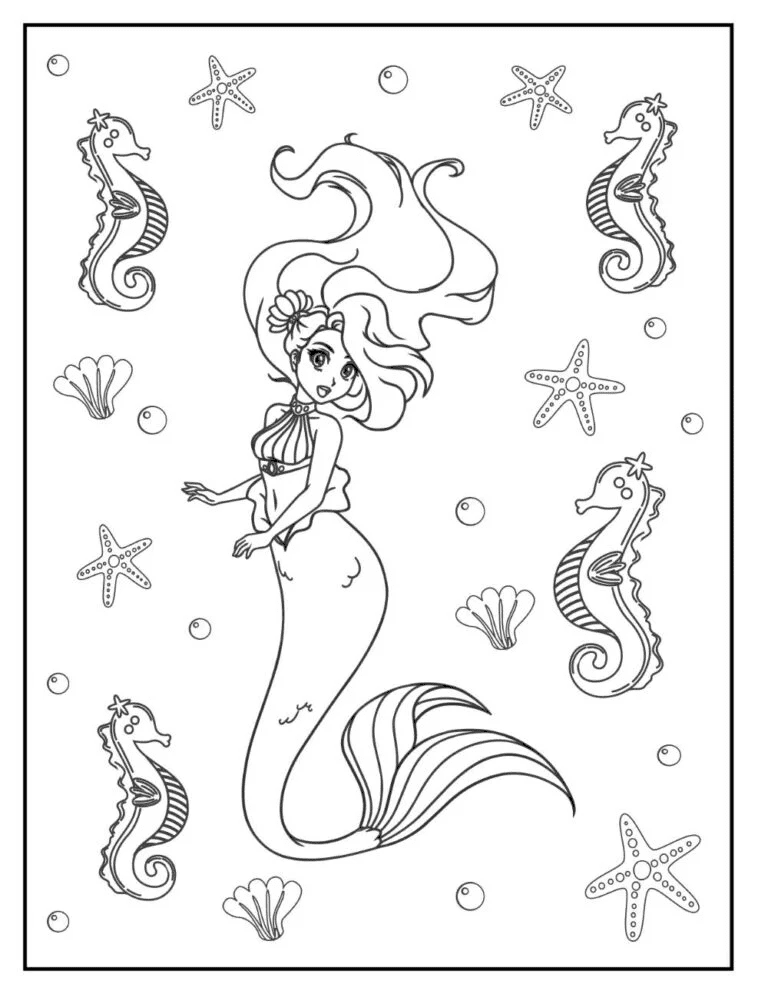 Illustration Of A Beautiful Mermaid Next To Starfish And Seahorses
