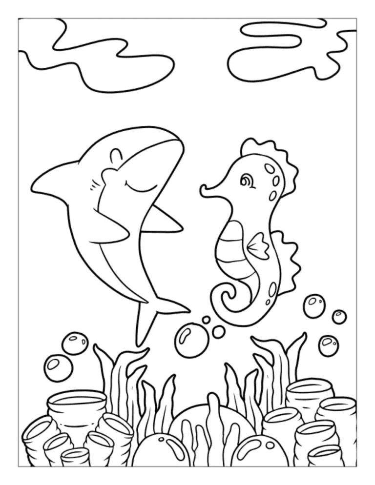 Illustration Of A Dolphin Swimming With A Seahorse Coloring Page