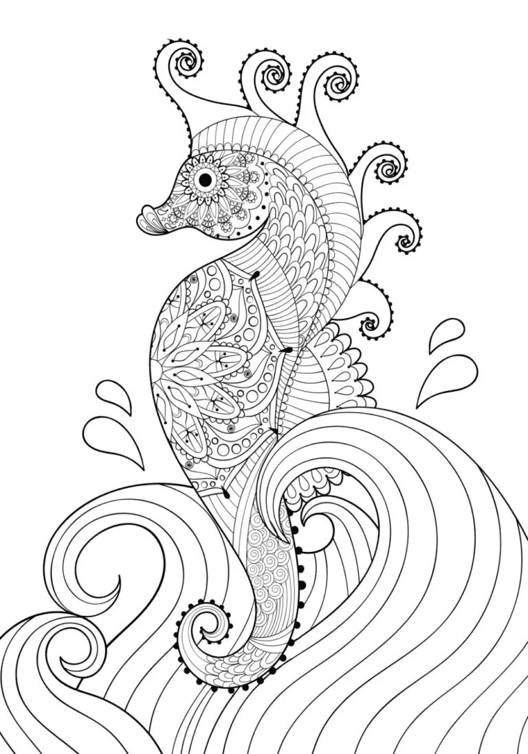 Illustration Of An Elegant Seahorse Riding The Waves Coloring Page