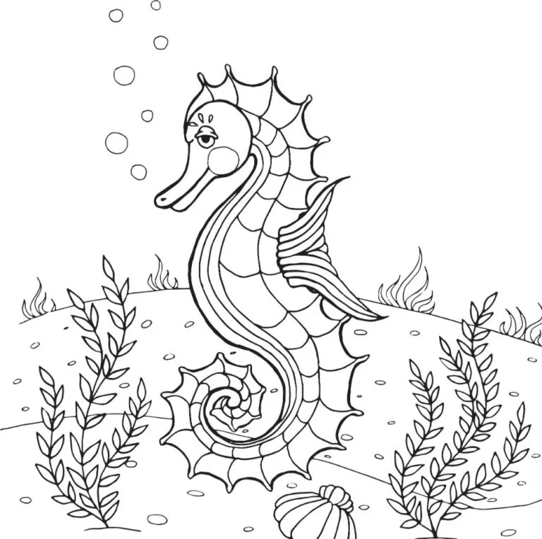Illustration Of An Elegant Seahorse Swimming Under The Water Coloring Page