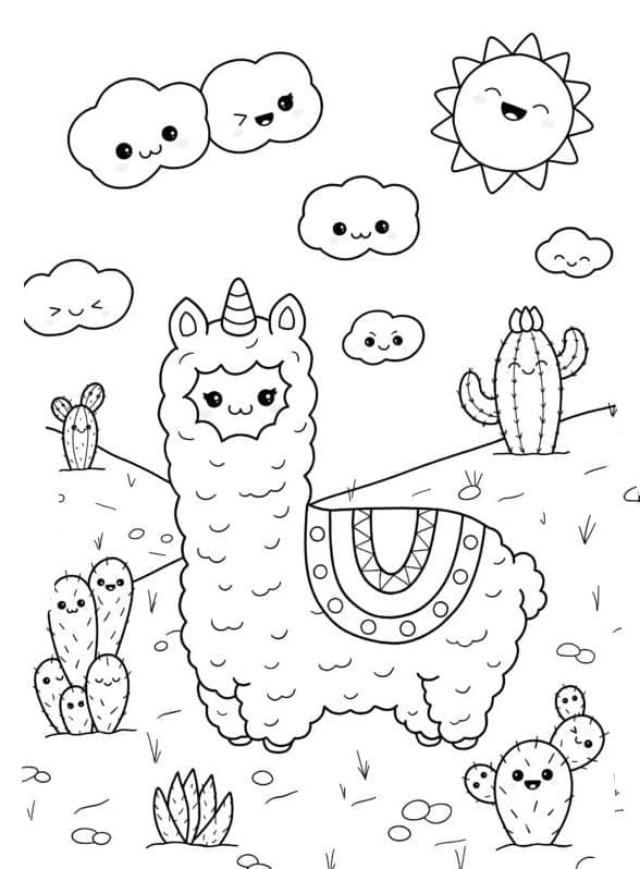Kawaii Llama And Cacti Coloring Page