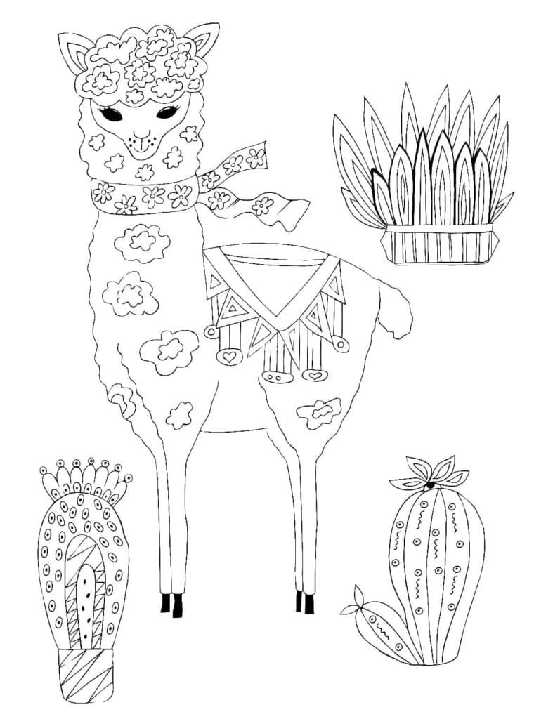 Llama And Cacti Coloring Page