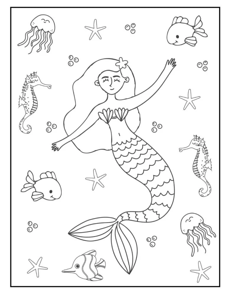 Mermaid Next To Fishes, Seahorses, And Jelly Fish