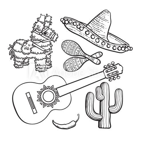 Mexican Set Sombrero Image Coloring Page