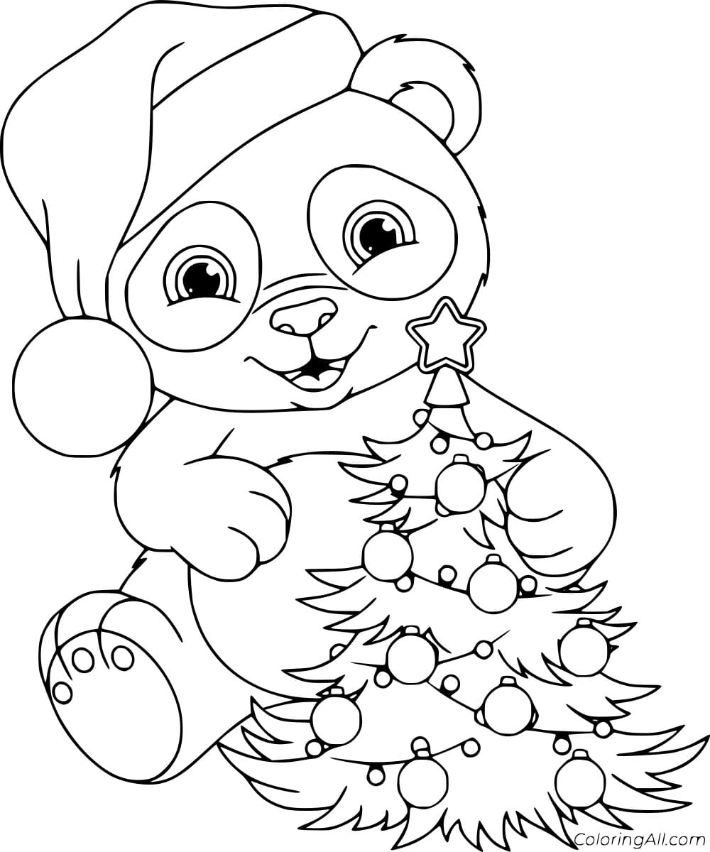 Panda And The Christmas Tree Coloring Page