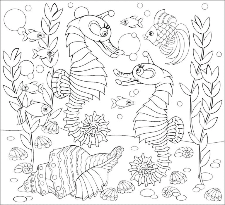 Two Seahorses Talking Under The Sea With Different Fishes And Seashells In The Background