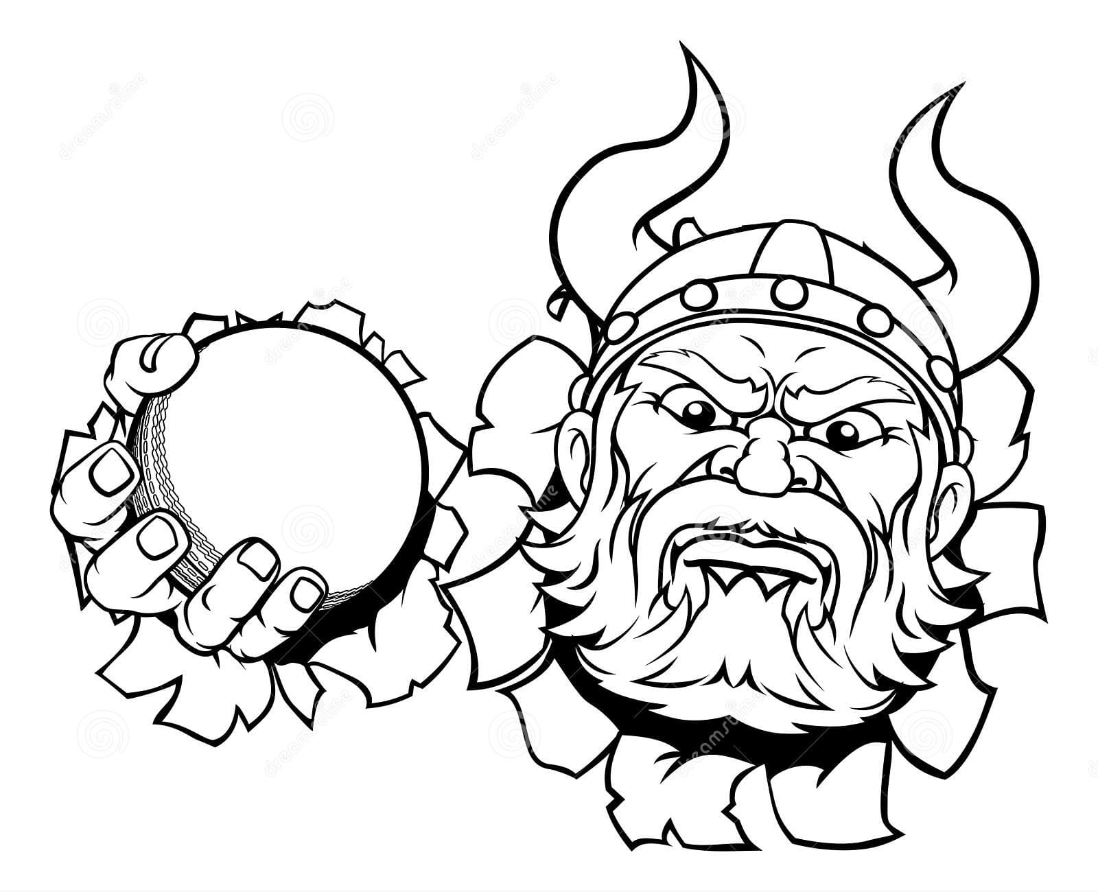Viking Cricket Ball Sports Mascot Cartoon For Kids Coloring Page