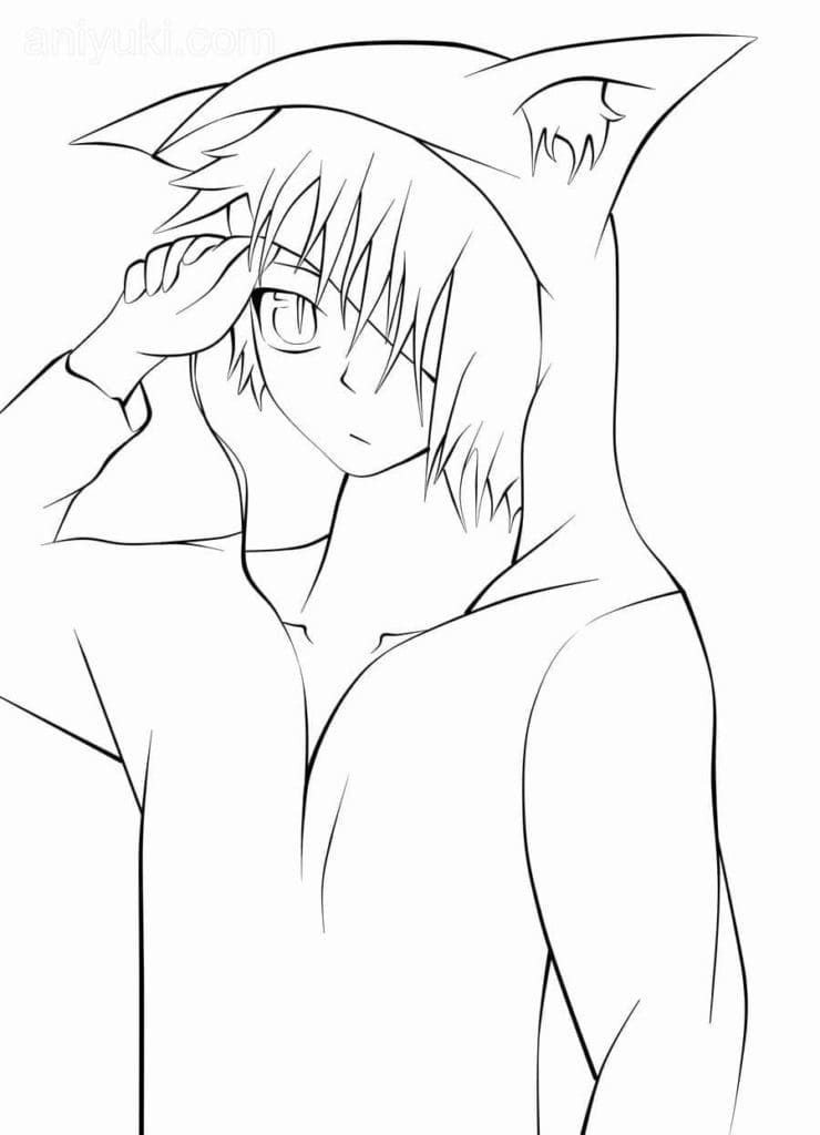 Anime Boy With Hoodie And Cat Ears Coloring Page